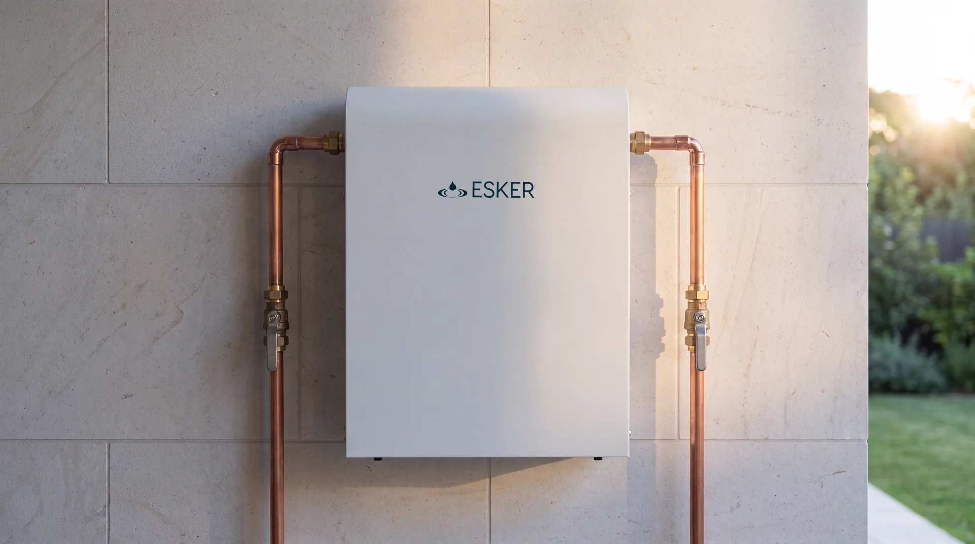 HydroSteel filtration unit in Pearl installed on a honed limestone wall in morning light, copper pipes either side