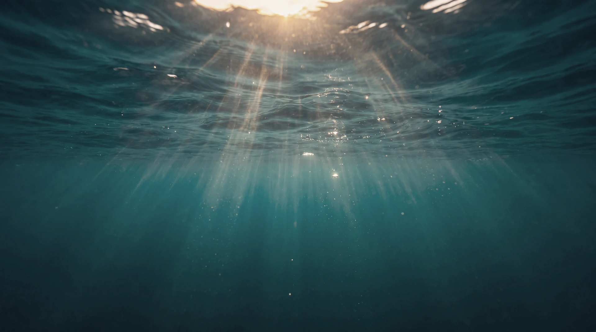 Sunlight filtering through clear blue water beside a dark underwater ridge