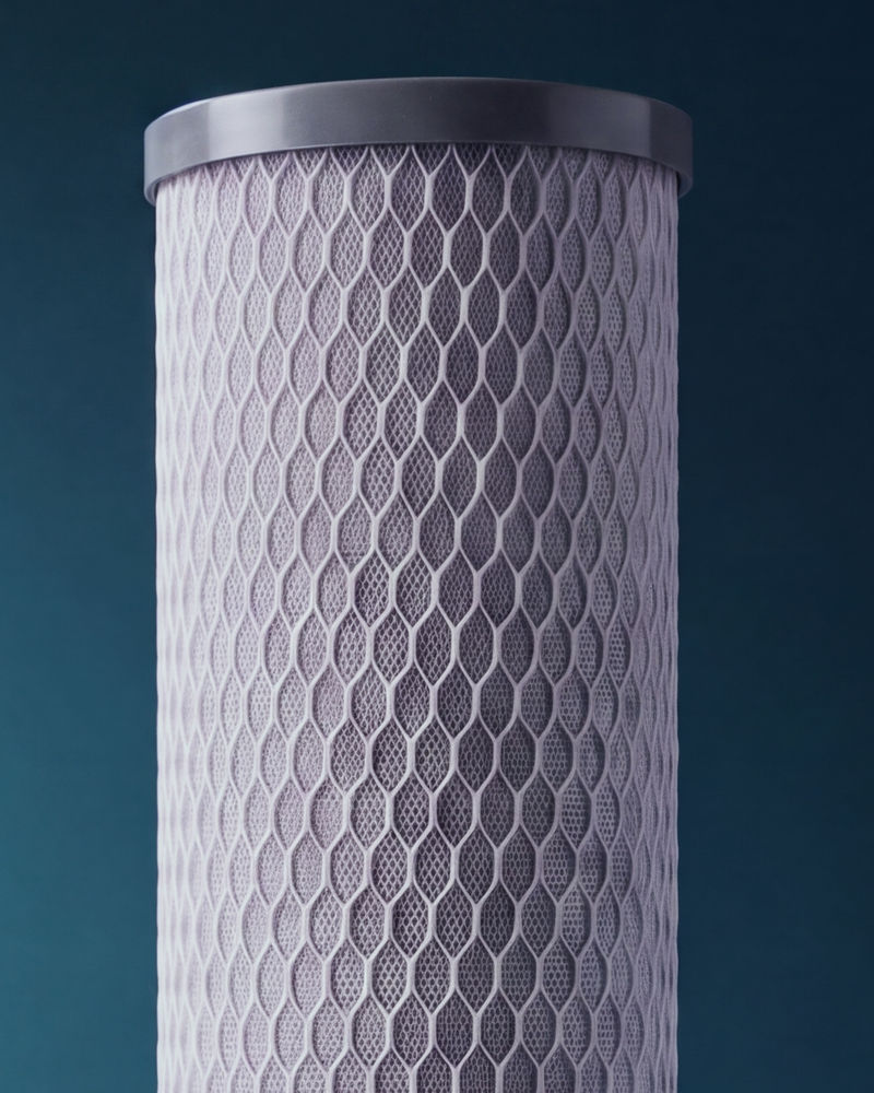 Close view of the HydroSteel Carbon grey cap and white mesh sleeve on the deep teal studio ground.