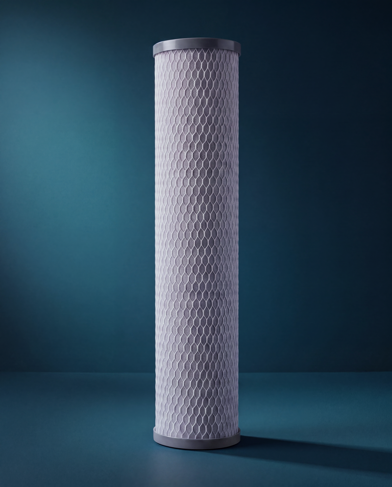 HydroSteel Carbon cartridge with grey end caps and a white mesh sleeve, side lit on the deep teal studio ground.