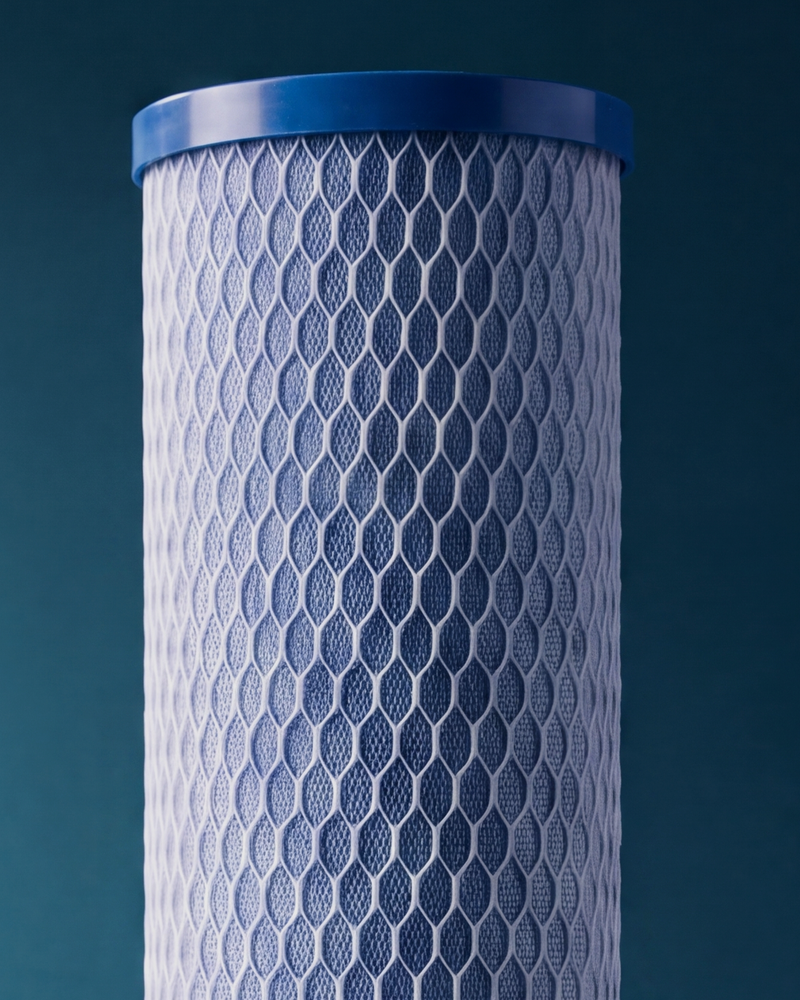 Close view of the HydroSteel Clarity blue cap and blue tinted body under white mesh on the deep teal studio ground.