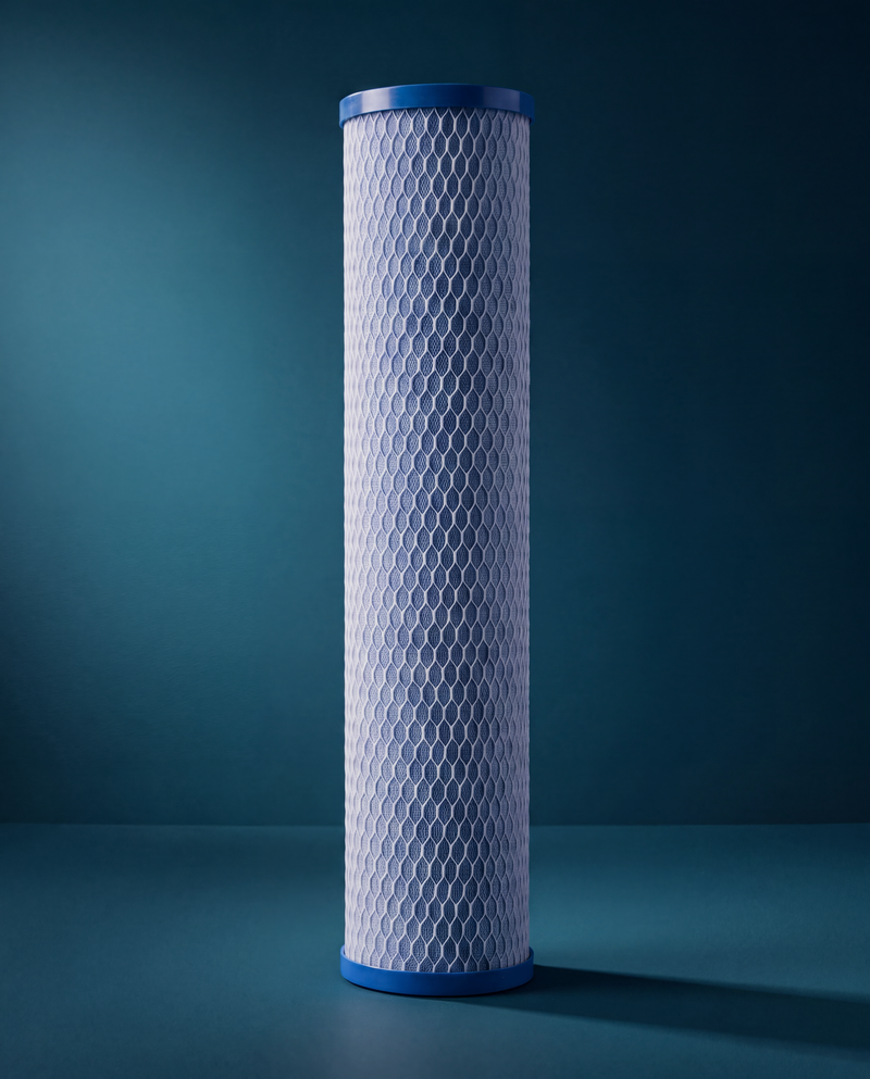 HydroSteel Clarity cartridge with blue end caps and a blue tinted body under a white mesh sleeve, side lit on the deep teal studio ground.