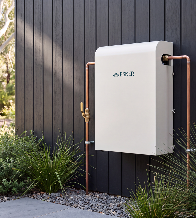 HydroSteel system installed on the exterior wall of an Australian home, plumbed into the mains