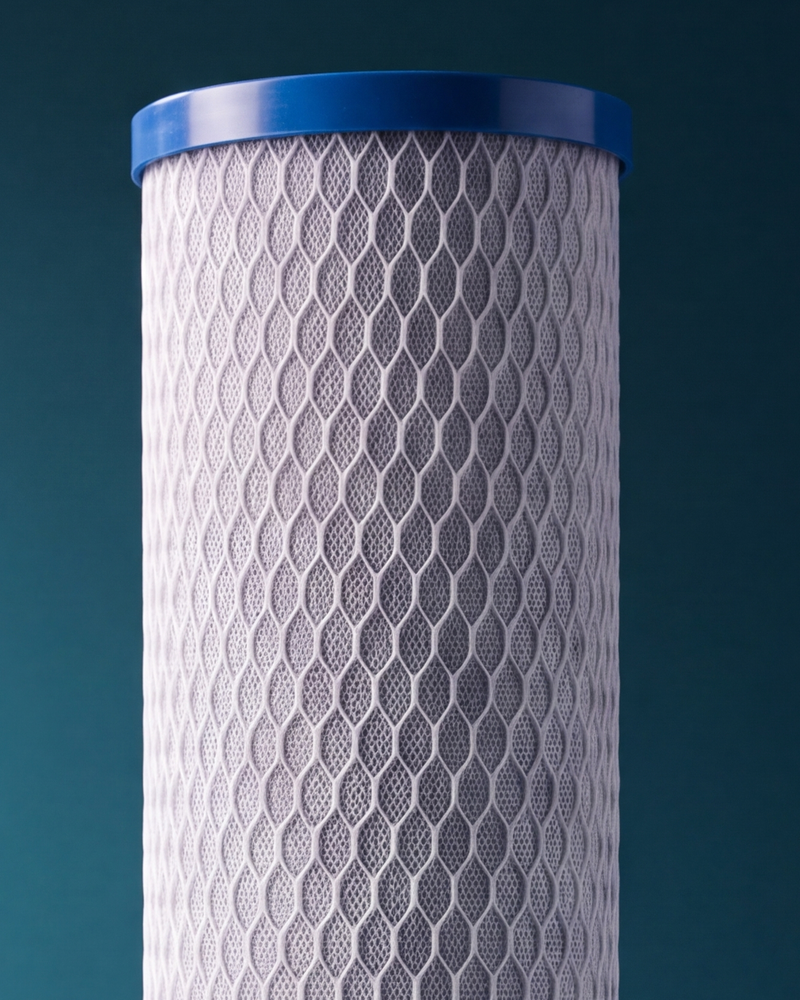 Close view of the HydroSteel Strata blue cap and white mesh sleeve on the deep teal studio ground.