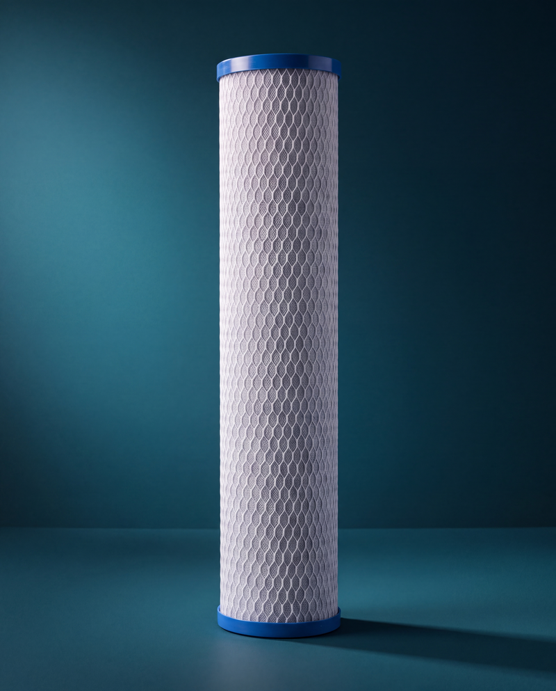 HydroSteel Strata cartridge with blue end caps and a white mesh sleeve, side lit on the deep teal studio ground.