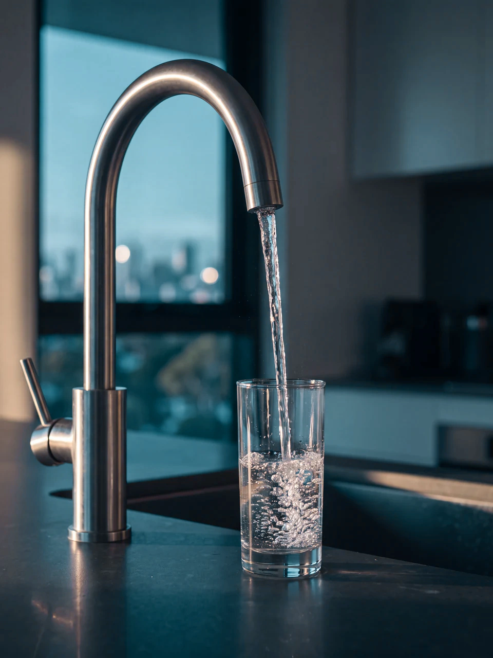 Water running from a steel gooseneck tap into a straight glass on dark stone, dusk light through the window behind.