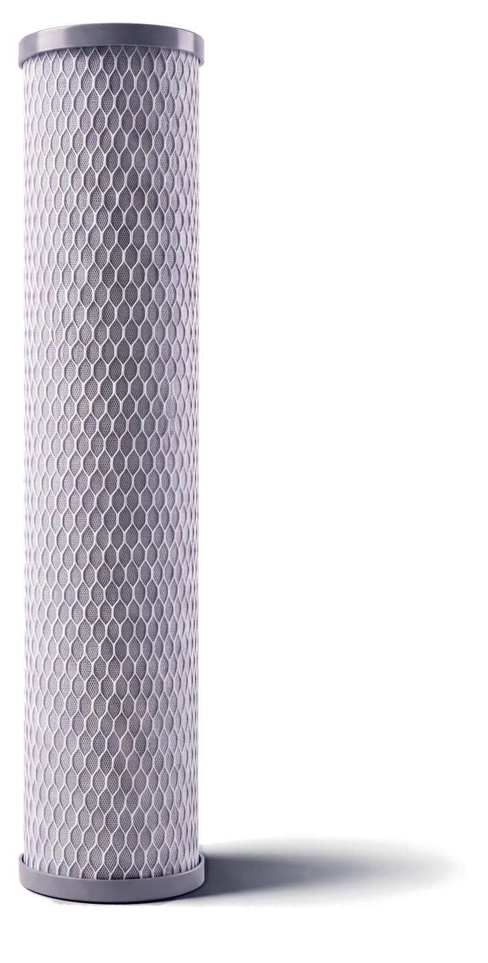 The HydroSteel Carbon cartridge standing upright on a pale field, a pale grey mesh sleeve over a darker grey body between grey end caps.