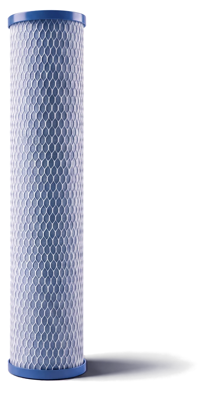 The HydroSteel Clarity cartridge standing upright on a pale field, a white mesh sleeve over a blue-tinted body between blue end caps.