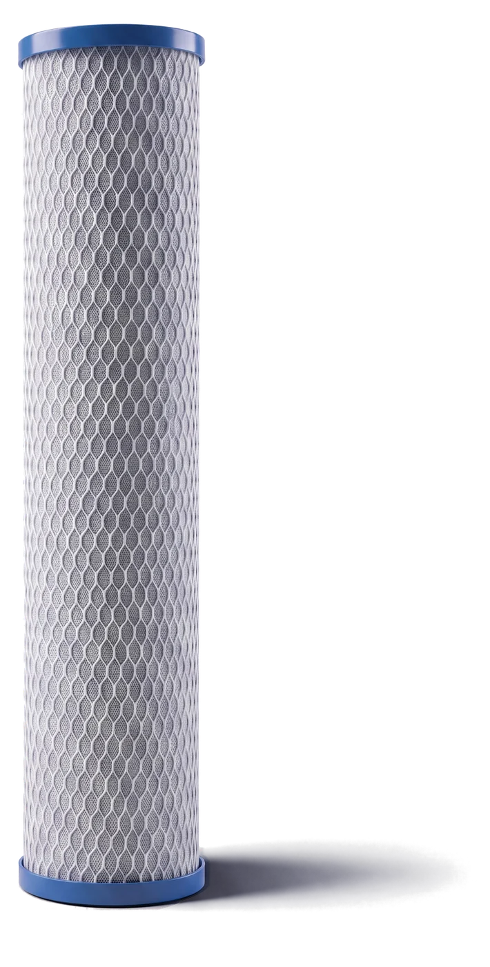 The HydroSteel Strata cartridge standing upright on a pale field, a white mesh sleeve running the full length of its body between blue end caps.