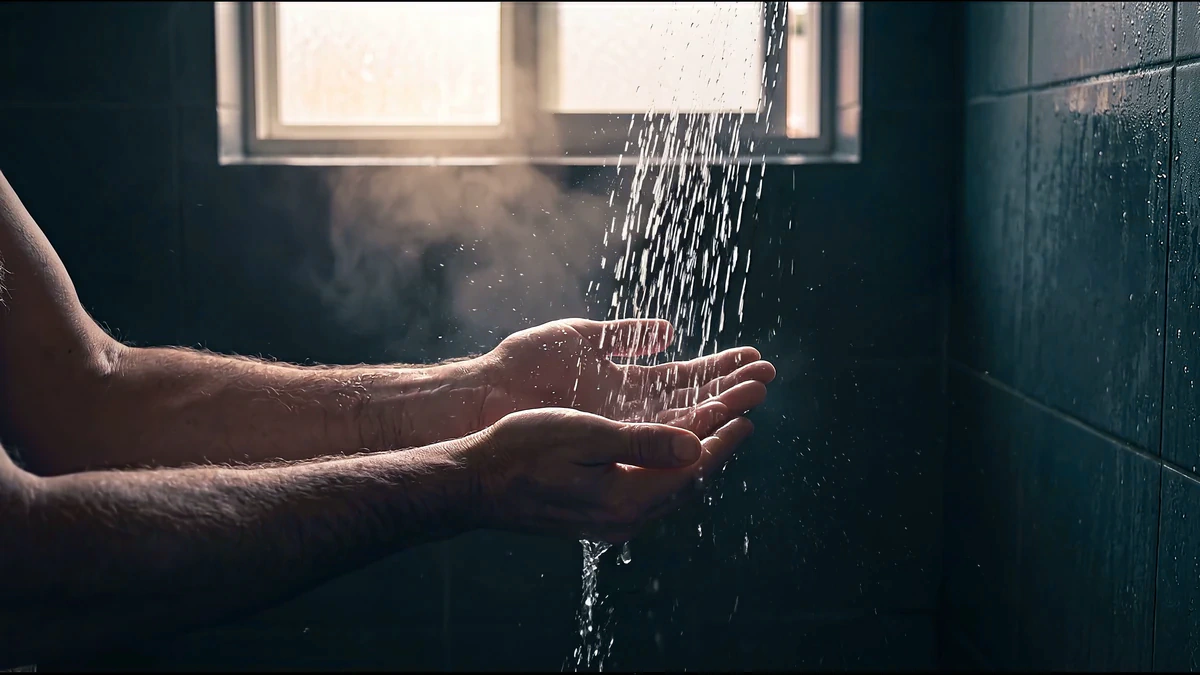Water falling across cupped hands in a backlit shower, droplets and steam in the light shaft.