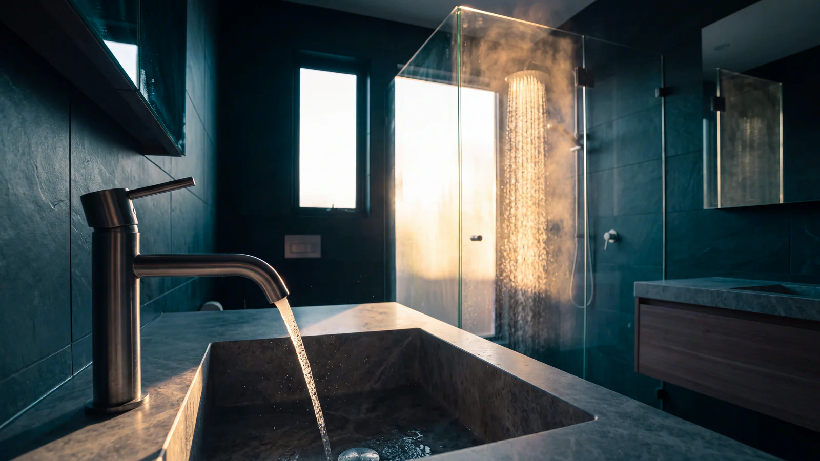 A rainfall shower running behind glass and a basin mixer running in the same bathroom at dawn, steam in the light shaft.