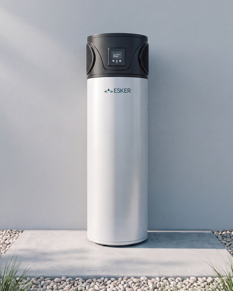 ThermoSteel heat pump hot water system standing against a rendered wall